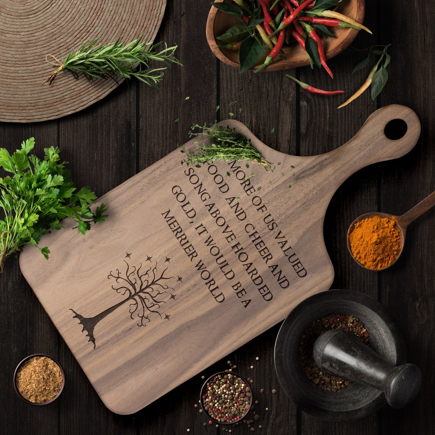 Food Cheer and Song LOTR Lord of the Rings Hardwood Cutting Board with Handle