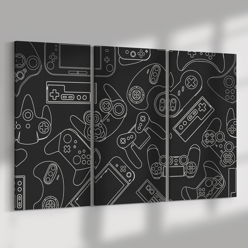 Close view of black controller-themed three-panel canvas wall art