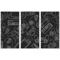 Black three-panel canvas wall art with white outlines of video game controllers