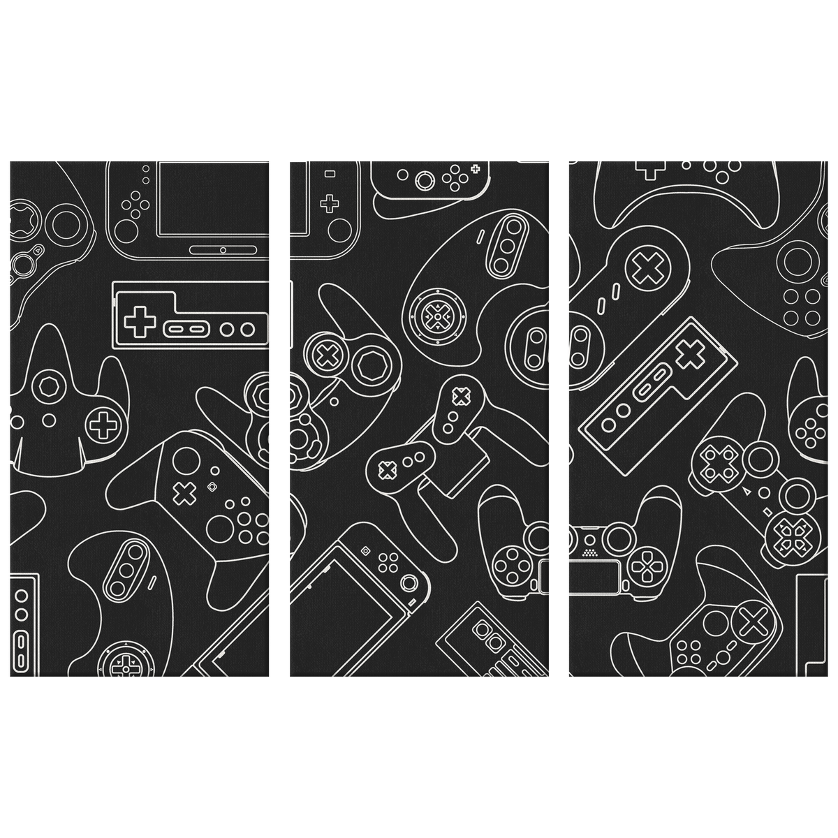 Black three-panel canvas wall art with white outlines of video game controllers