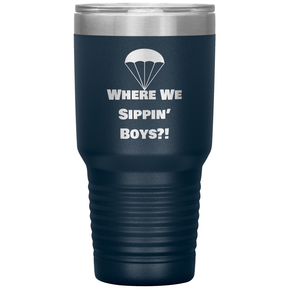 Drop Zone 30oz insulated gamer tumbler in Navy with Where We Sippin' Boys design