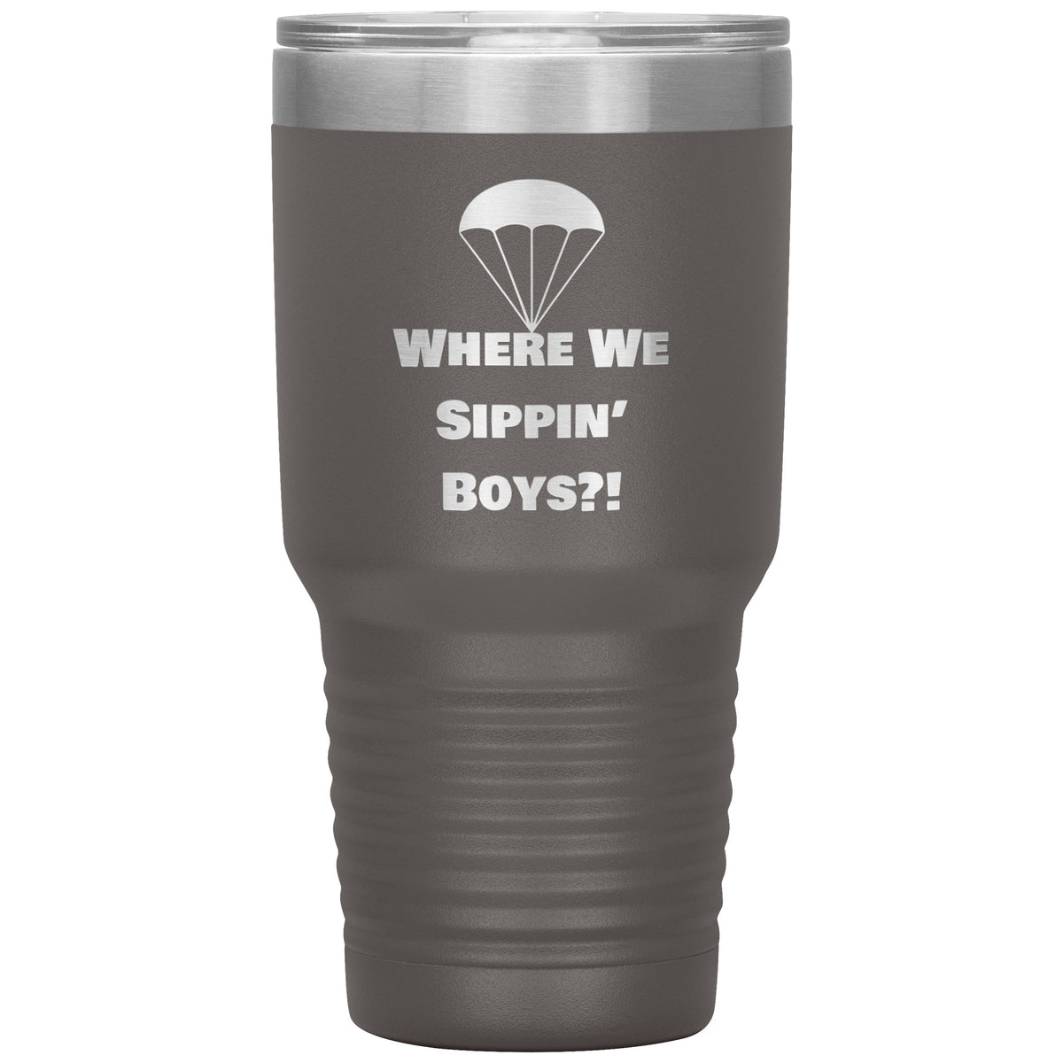 Drop Zone 30oz insulated gamer tumbler in Pewter with Where We Sippin' Boys design